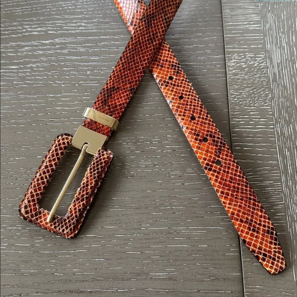 Michael Kors Brown Orange Leather Belt with Gold Tone Buckle Snake Print Size L